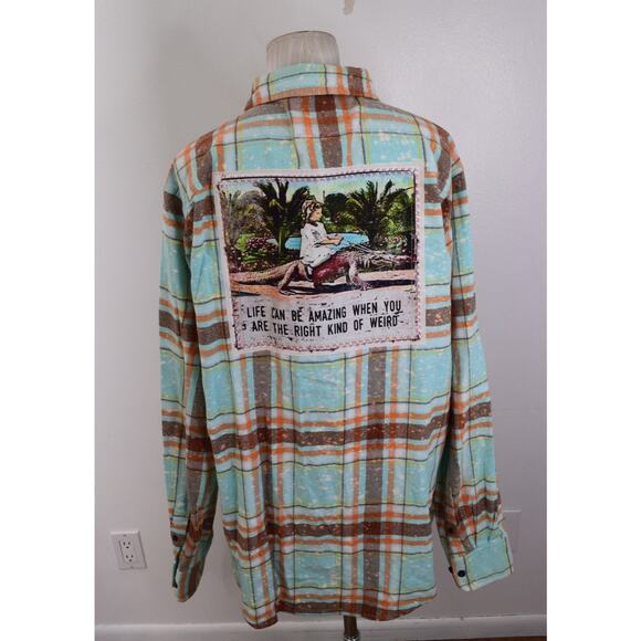 Angry Minnow Shirt Mens XL Blue Button Up Flannel Right Kind Of Weird Plaid - Picture 1 of 5